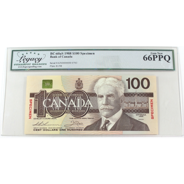 BC-60aS 1988 $100 SPECIMEN Legacy GEM UNC66 PPQ Thiessen-Crow SN: AJN0000000 0703