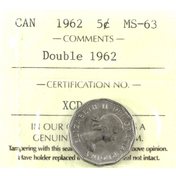 5-cent 1962 Double Date ICCS MS63