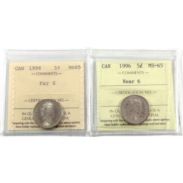 5-cent 1996 Near 6 & 1996 Far 6 ICCS MS65. 2pcs.