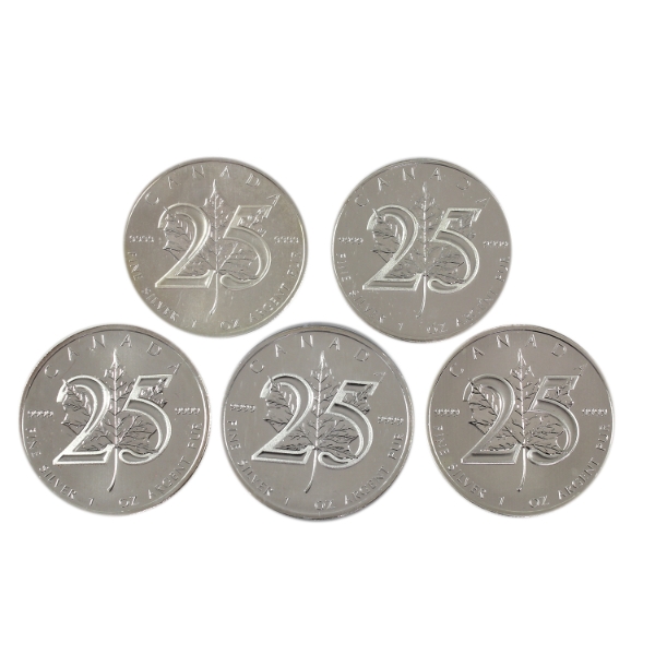 5x 1oz 2013 $5 25th Anniversary Silver Maple Leaf .9999 Fine Silver Coins. 5pcs. (Tax Exempt)