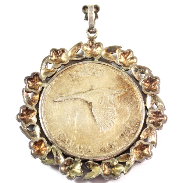 Silver $1 1967 in Floral Bezel w/ Loop for Chain