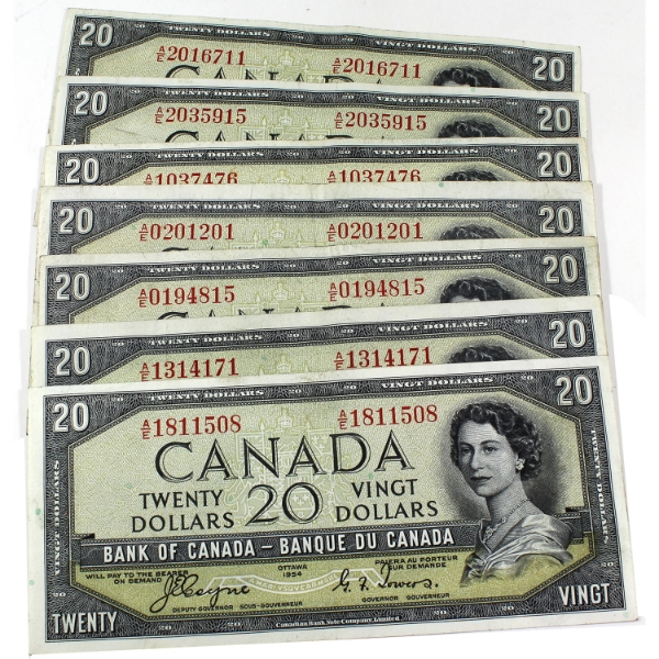 BC-33a 1954 $20 Devil's Face Non-Consecutive A/E Prefix VF or Better Coyne-Towers. 7pcs.