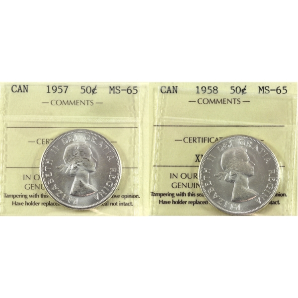 50-cent 1957 & 1958 ICCS MS65. 2pcs.