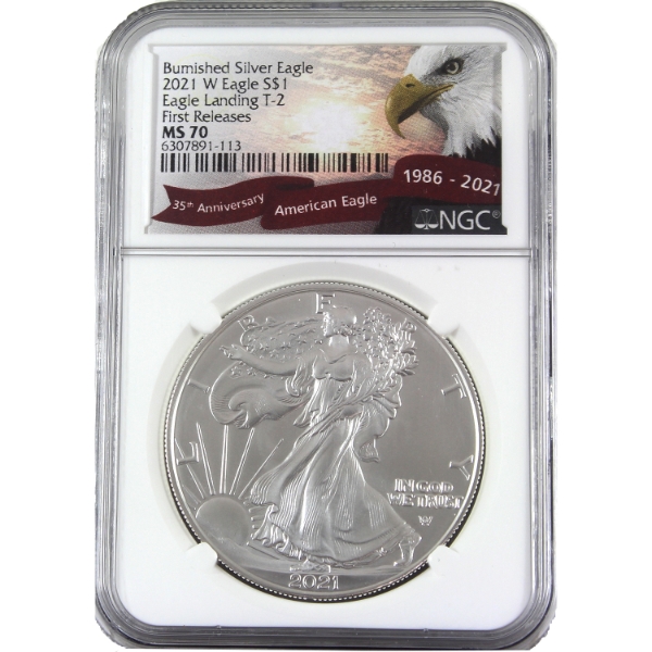 USA Silver 2021 $1 Burnished Silver Eagle  Landing T-2 First Releases NGC MS70 (Tax Exempt)