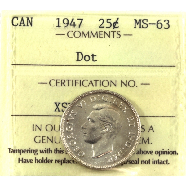 25-cent 1947 Dot ICCS MS63