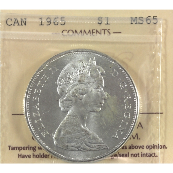 Silver $1 1965 SmBds Blt5 (Type 2) ICCS MS65