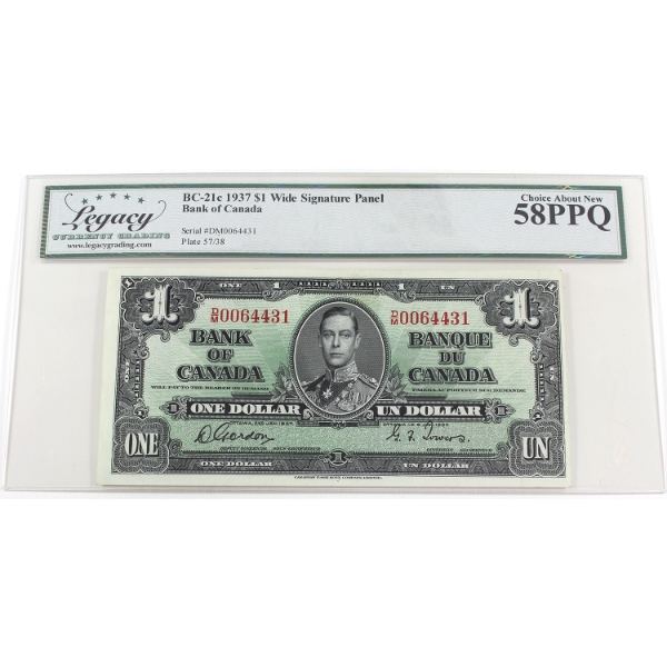 BC-21c 1937 $1 Legacy Choice AU58 PPQ Gordon-Towers Wide Signature Panel SN:D/M0064431