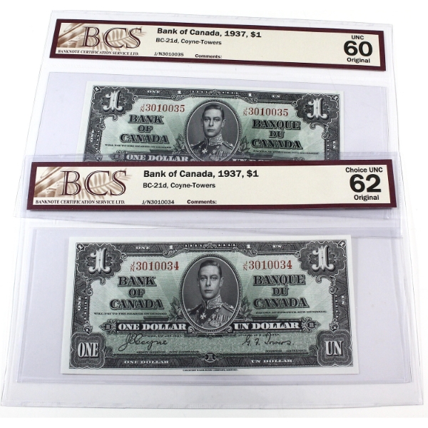 BC-21d 1937 $1 Consecutive BCS CUNC62 & UNC60 Original Coyne-Towers SN:J/N3010034 & SN:J/N3010035