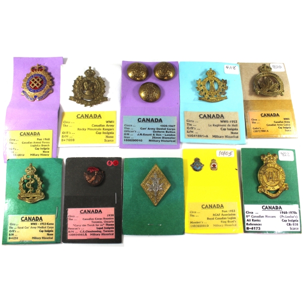 10x Group Lot of Canada c. 1929-1970s Military Cap Insignias, Badges, & Buttons. 10pcs.