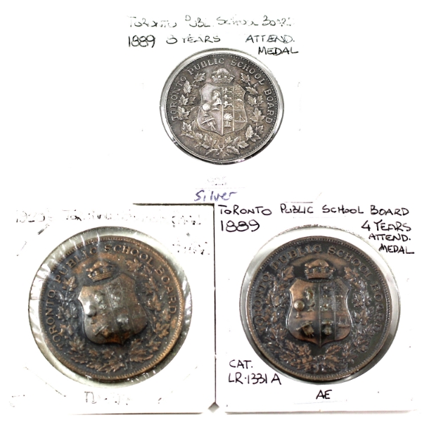 1889-1920s Toronto Public School Board Attendance Medals. 3pcs.