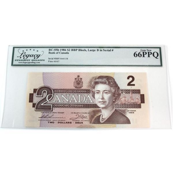 BC-55b 1986 $2 Legacy Gem UNC66 PPQ Thiessen-Crow, BBP Block, Large B in Serial Number SN:BBP3444158