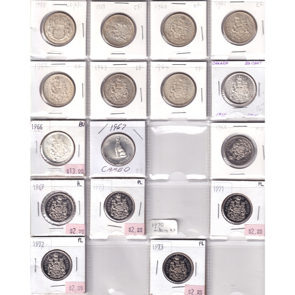 Bulk Collection of 50-cent 1958-1973 VF-EF to PL in 20-Pocket Sheet. 16pcs.