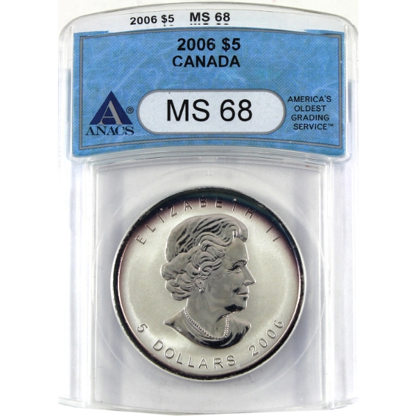 1oz 2006 $5 Silver Maple Leaf .9999 Fine Silver Coin w/ Dog Privy ANACS MS68 (Tax Exempt)