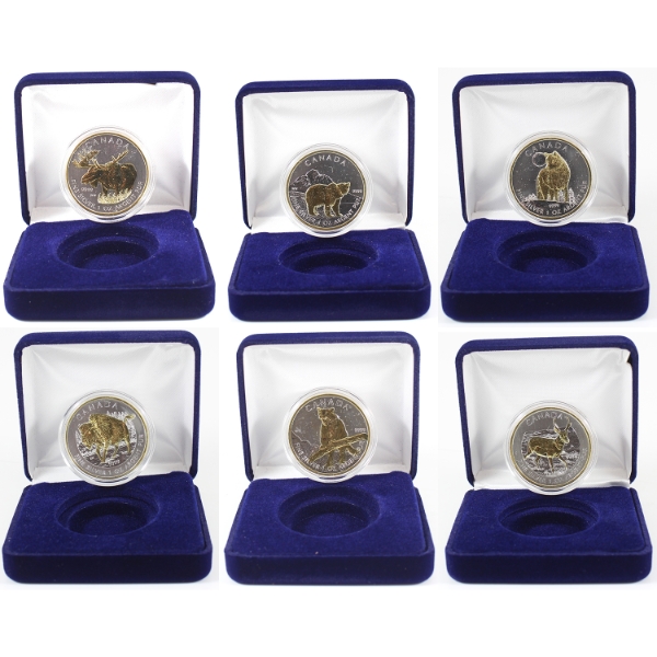 6x 1oz 2011-2012 SML Wildlife Series .9999 Fine Silver w/ Selective 24 kt Gold Plating. 6pcs 