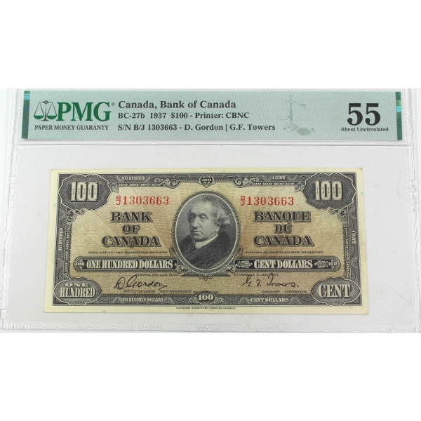 BC-27b 1937 $100 PMG AU55 Gordon-Towers SN: B/J1303663