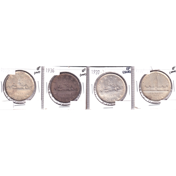 Group Lot of Silver $1 1935-1939 EF in 4-Pocket Sheet. 4pcs.