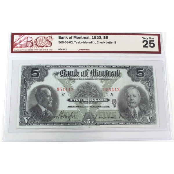 505-56-02 1923 $5 Bank of Montreal BCS VF25 Taylor-Meredith SN:954442 Check Letter B
