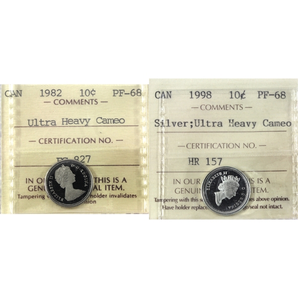 10-cent 1982 & 1998 Silver ICCS PF68 Ultra Heavy Cameo. 2pcs.