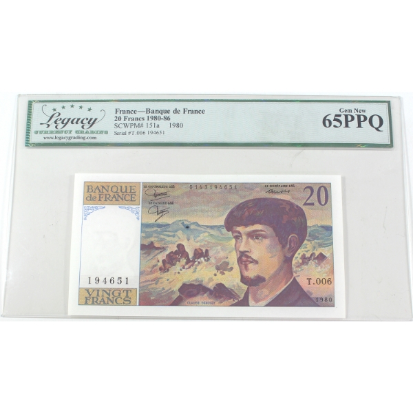 France 1980-86 Pick-151a Banque de France 20 Francs Legacy GEM UNC65 PPQ SN: T.006 194651