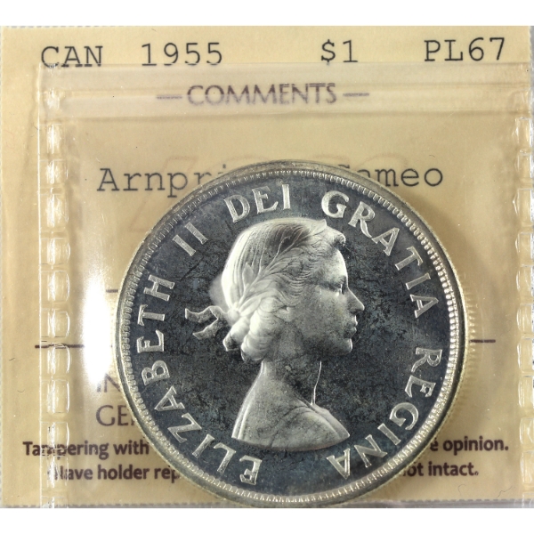 Silver $1 1955 Arnprior; No Die Break ICCS PL67 Cameo *Scarce Grade*