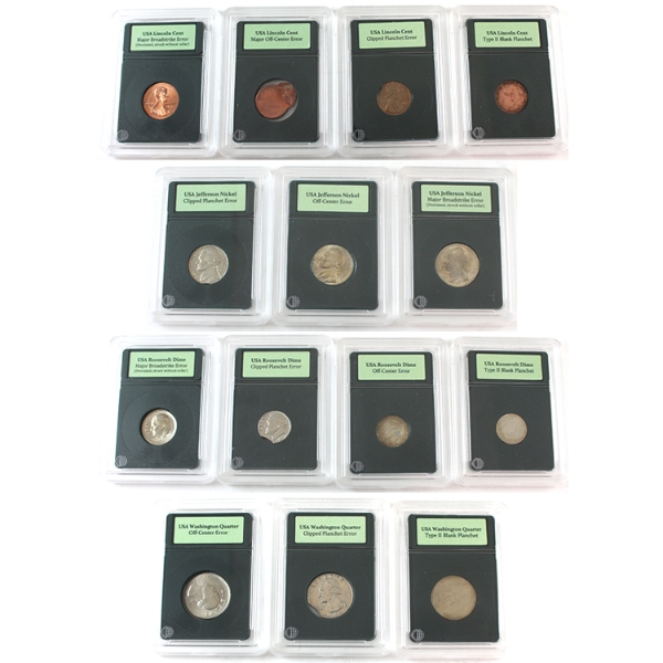 USA Group Lot of US Error Coins. 14pcs plus Guide Book. 