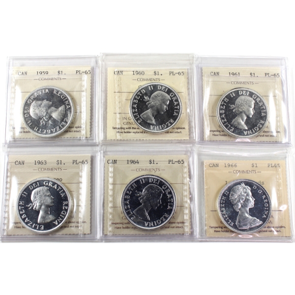 Silver $1 1959-1966 ICCS PL65. All are Cameo Except 1966 Heavy Cameo. 6pcs.