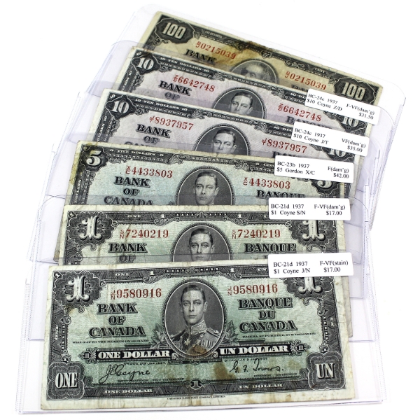Group Lot of 6x 1937 $1-$100 F to VF (1 note not graded). 6pcs