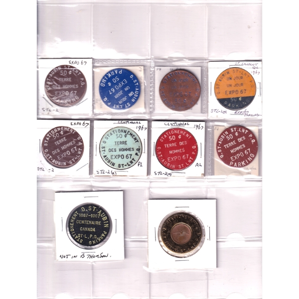 Collection of ST. Aubin Uniface or Same on Both Sides Black & Coloured Plastic Parking Tokens. 25pcs