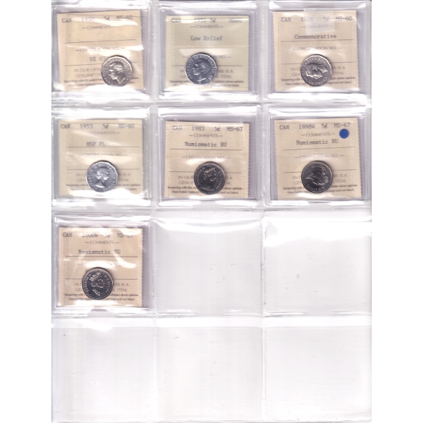 Group Lot 5-cent 1950-2000W ICCS MS60 to MS67 in 12-Pocket Sheet. 7pcs