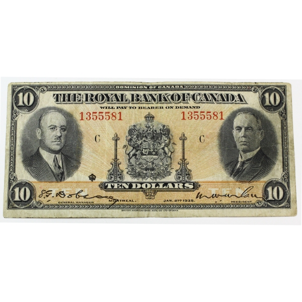 630-18-04a 1935 $10 The Royal Bank of Canada VF SN: 1355581 Check Letter C