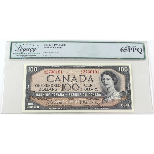 BC-43b 1954 $100 Modified Portrait Legacy GEM UNC65 PPQ Beattie-Rasminsky SN: B/J2730191