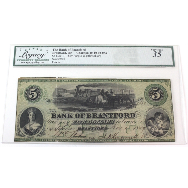 40-10-02-08a 1859 $5 The Bank of Brantford Legacy VF35 Purple Westbrook o/p SN: 2628