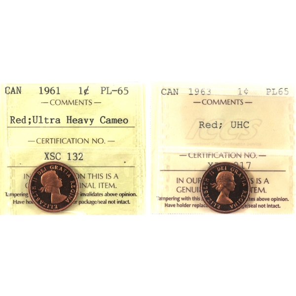 1-cent 1961 & 1963 ICCS PL65 Red; UHC. 2pcs.