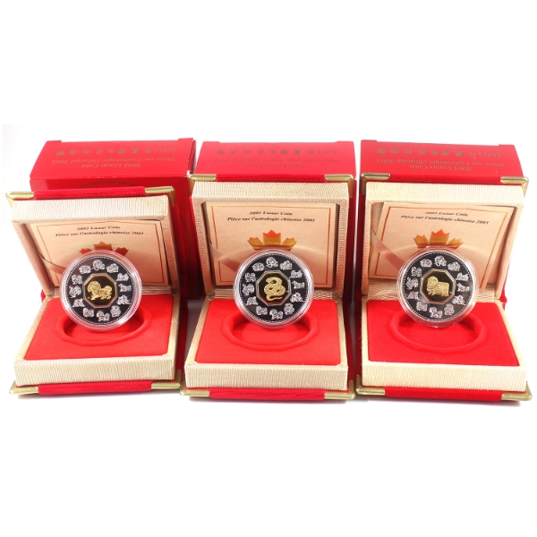 2001-2003 $15 Sterling Silver Lunar Coins w/ Gold Plated Cameos. 3pcs
