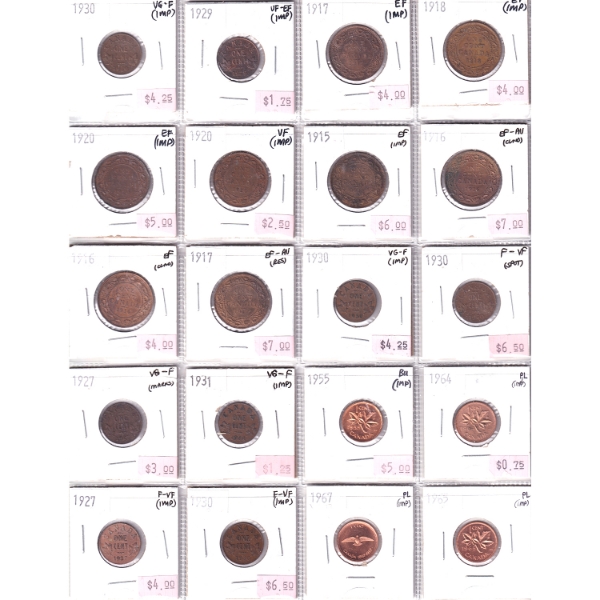Bulk Collection of 1-cent 1916-1967 VG-F to PL in 20-Pocket Sheet. 20pcs.