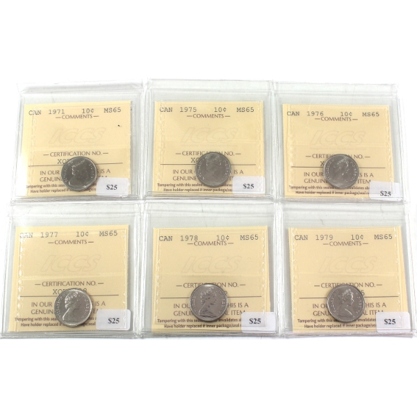 10-cent 1971, 1975, 1976, 1977, 1978 & 1979 ICCS MS65. 6pcs