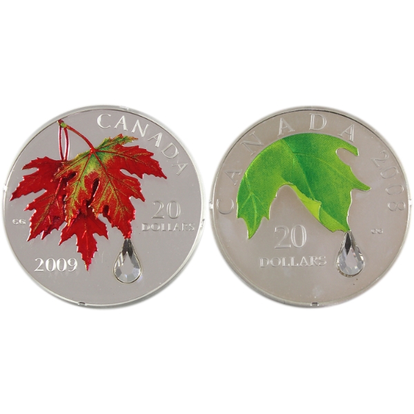 Group Lot of 2008 & 2009 $20 Crystal Raindrop .9999 Fine Silver Coins. 2pcs. (Tax Exempt)