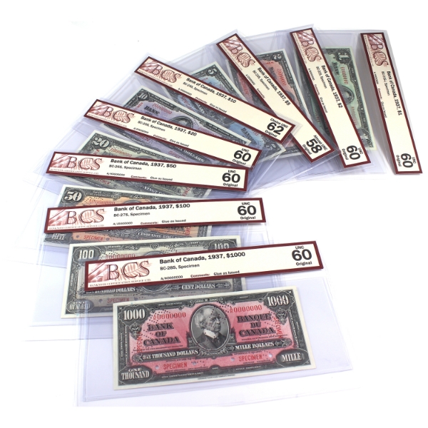 Set of 8 1937 Specimen Banknotes Full Run BCS AU58-UNC62 Original *Scarce!* 8 Notes