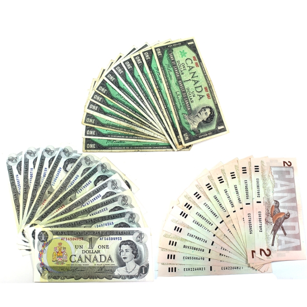 12x Each of the Following: 1967 $1 No Serial Number, 1973 $1 & 1986 $2 Notes. 36pcs