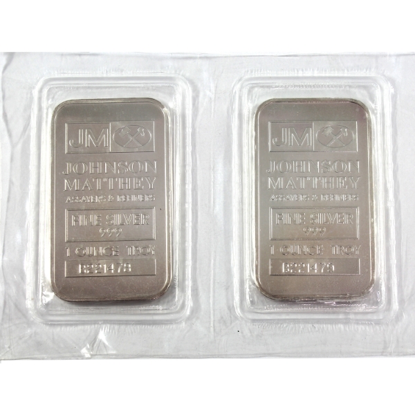 2x 1oz JM Johnson Matthey Consecutive .999 Fine Silver Bars in Sealed Sheet. 2pcs. (Tax Exempt)