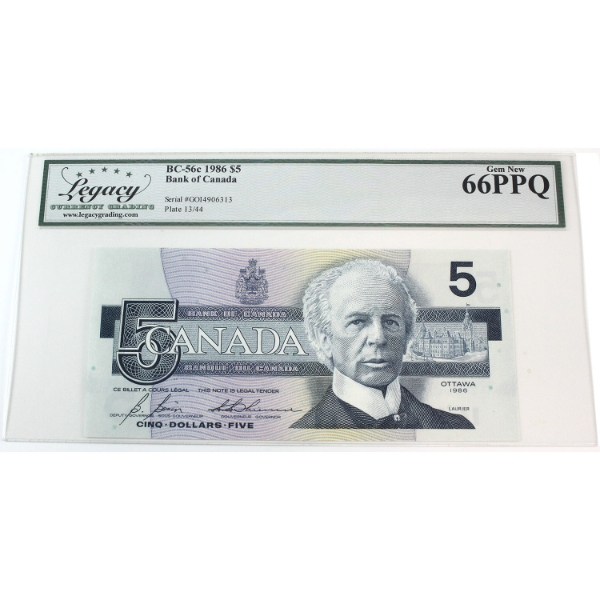 BC-56c 1986 $5 Legacy Gem UNC66 PPQ Bonin-Thiessen SN: GOI4906313