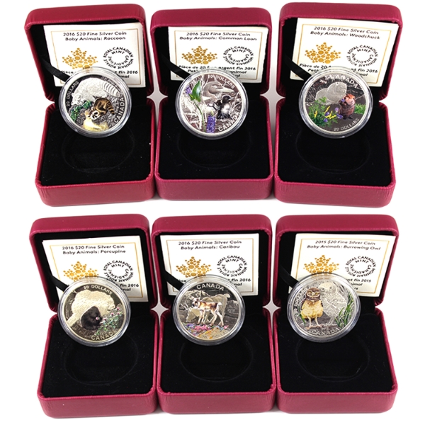 2015-2016 $20 Baby Animals 1oz .9999 Fine Silver Coins w/ Selective Colour. 6pcs. (Tax Exempt)