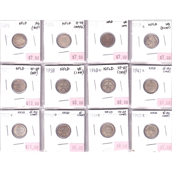 Lot of 12x Newfoundland 5-cent 1890-1945 AG to EF-AU in Plastic Sheet. 12pcs