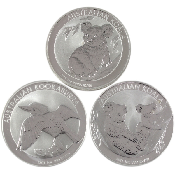 3x 1oz Australia $1 2011 Koala & Kookaburra & 2019 Koala .999 Fine Silver Coins. 3pcs (Tax Exempt)