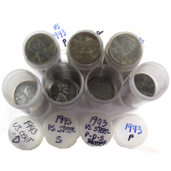 7x USA 1943 Steel Pennies in Rolls, Some Incomplete. 7 Rolls.