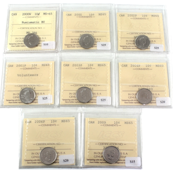 10-cent 2000W NBU, 2000, 2001P Volunteers, 2002P, 2003P, 2004P, 2006P & 2009 ICCS MS65. 8pcs