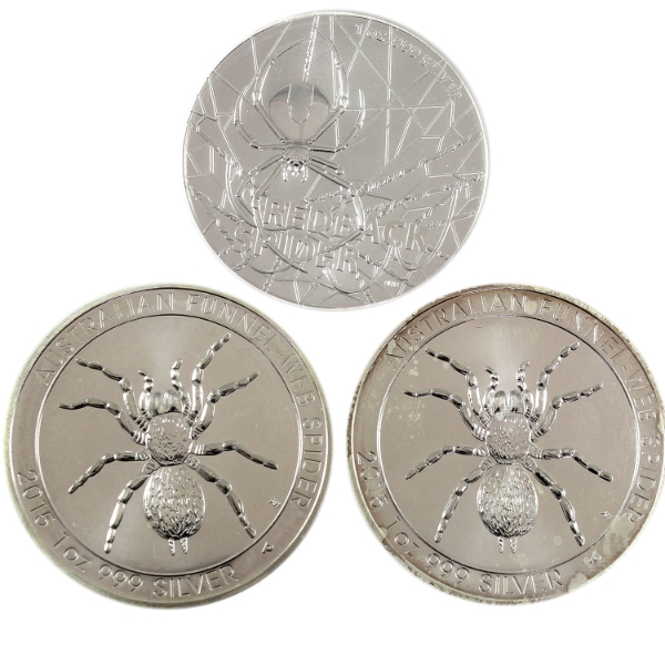 3x 1oz Australia $1 2x 2015 Funnel-Web Spider & 2020 Redback Spider .999 Fine Silver Rounds. 3pcs 