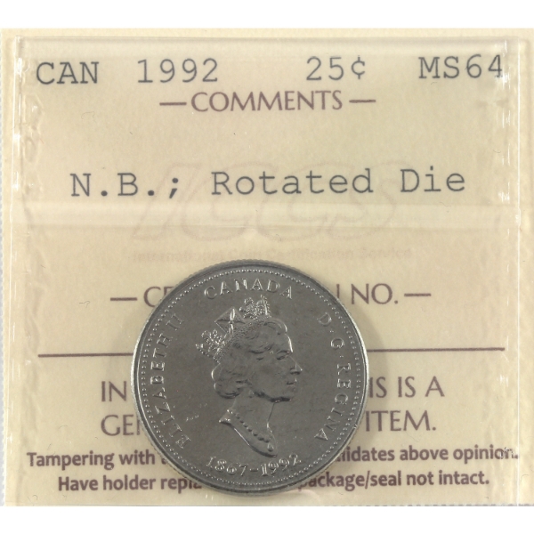 ERROR 25-cent 1992 New Brunswick, 45 Degree Rotated Die ICCS MS64