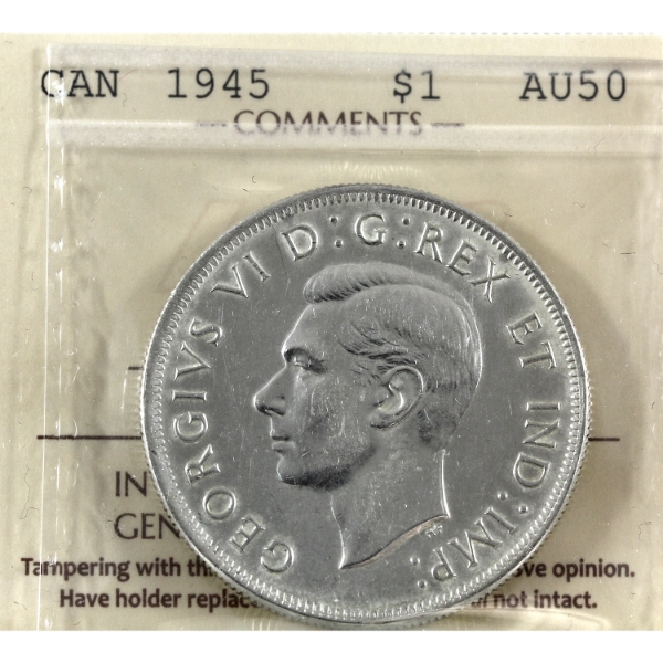 Silver $1 1945 ICCS AU50
