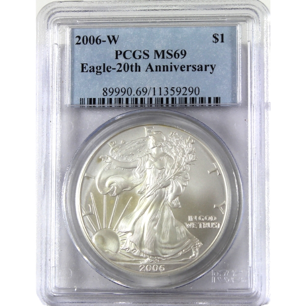 USA Silver 2006-W $1 Silver Eagle 20th Anniversary PCGS MS69 (Tax Exempt)